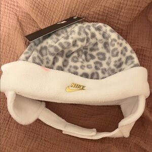 Nike White and Gray Leopard Fleece Hat with Gold Logo